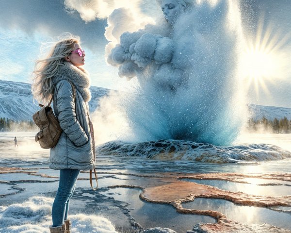 Young woman in icy landscape with ethereal figure