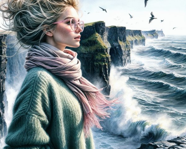Young Woman at Rugged Coastline with Dramatic Sea