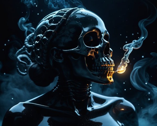 Surreal Black Figure with Skull Face and Smoke Wisps