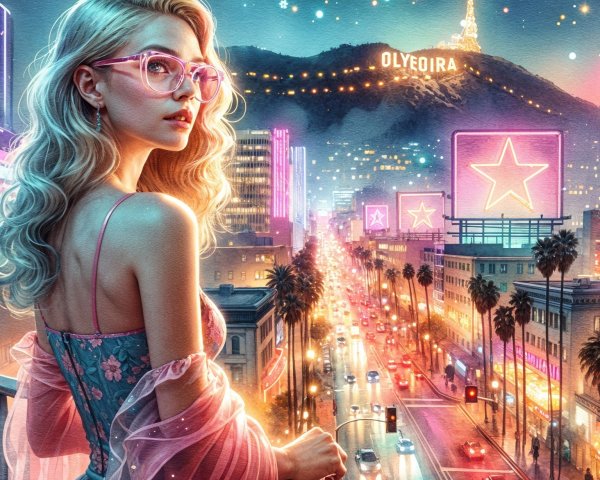 Young woman in stylish glasses overlooking neon cityscape