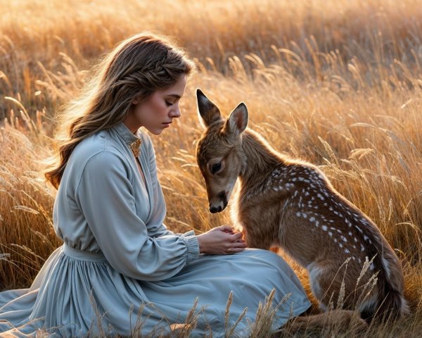 Young girl and fawn in sunlit golden grass field