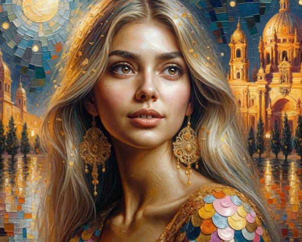 Portrait of a Young Woman in a Moonlit Cityscape