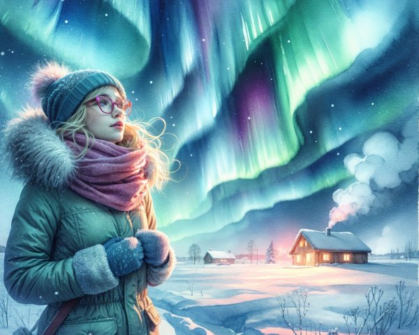 Young woman in snowy landscape under Northern Lights