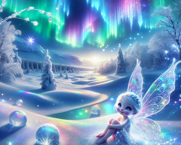 Magical Winter Landscape with Fairy and Auroras