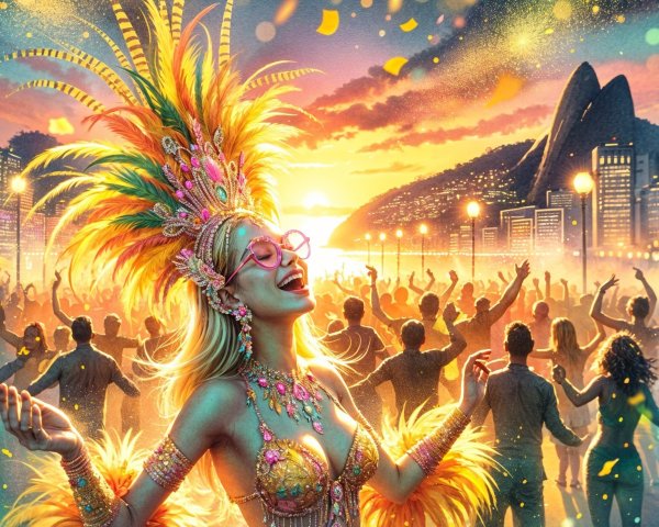 Vibrant Carnival Scene at Sunset with Joyful Dancer