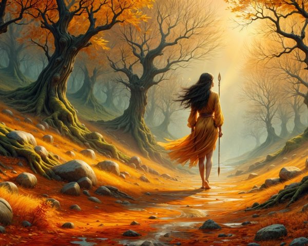 Ethereal Figure in Mystical Autumn Forest Path