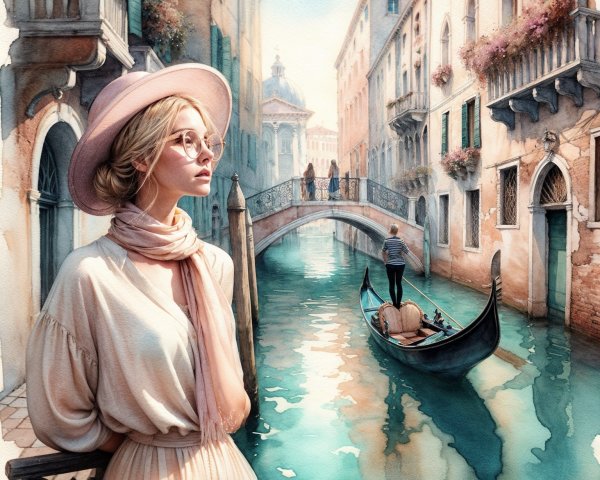 Venetian Canal Scene with Woman and Gondola
