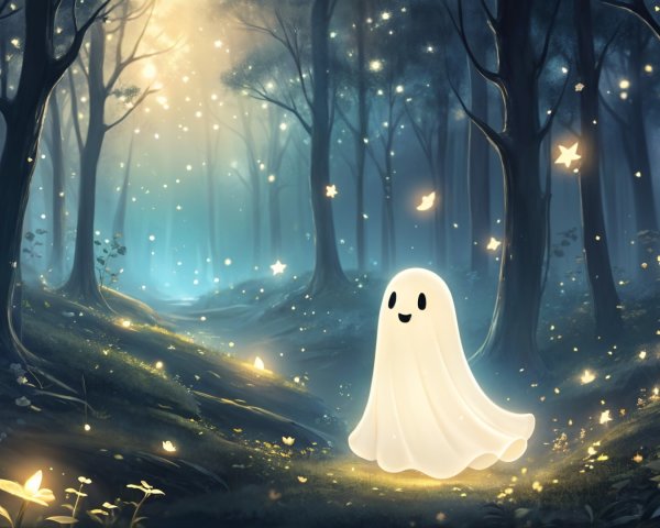 Twilight Forest with Ghosts and Glowing Fireflies