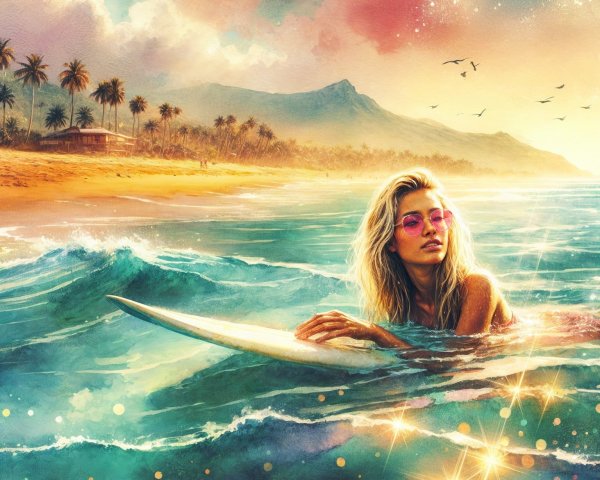 Surfer Relaxing on Board in Turquoise Waves at Sunset