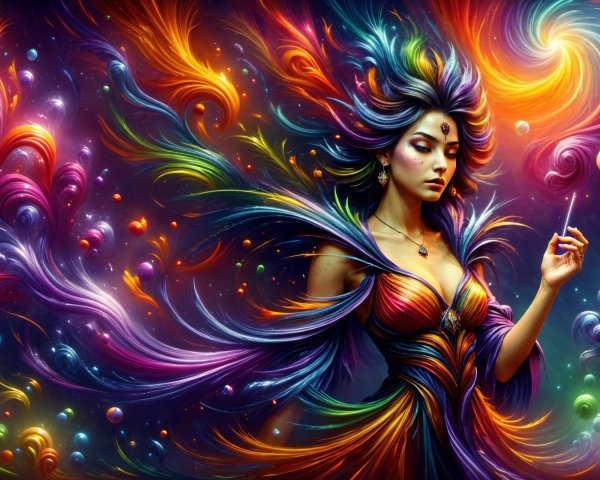 Vibrant Scene of a Woman Surrounded by Colorful Energy
