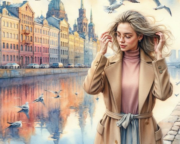 Watercolor Scene of Woman by Tranquil Canal