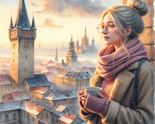 Young woman with cup gazes over city at sunrise