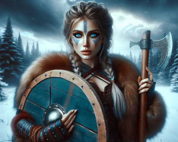 Fierce Warrior Woman in Snowy Forest Setting