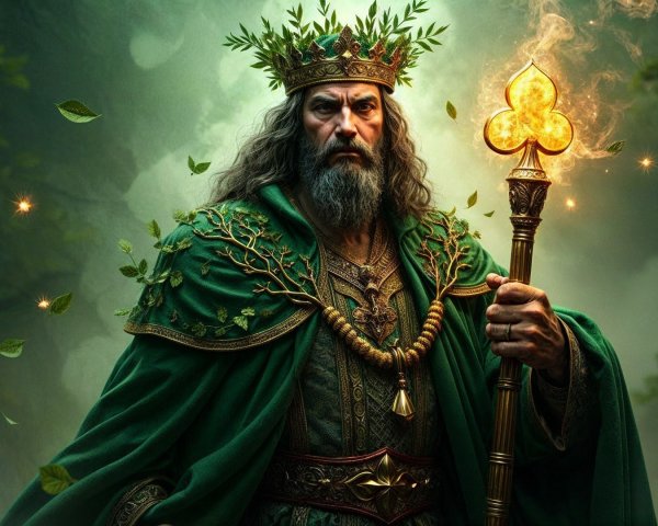 Majestic figure in green robes in a mystical forest