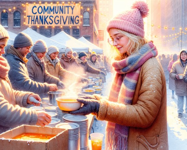Thanksgiving Community Event in a Snowy Urban Setting