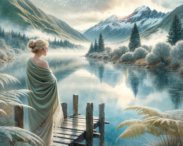 Tranquil Lake Landscape with Misty Mountains and Woman