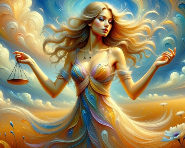 Serene figure with balance scale in vibrant clouds