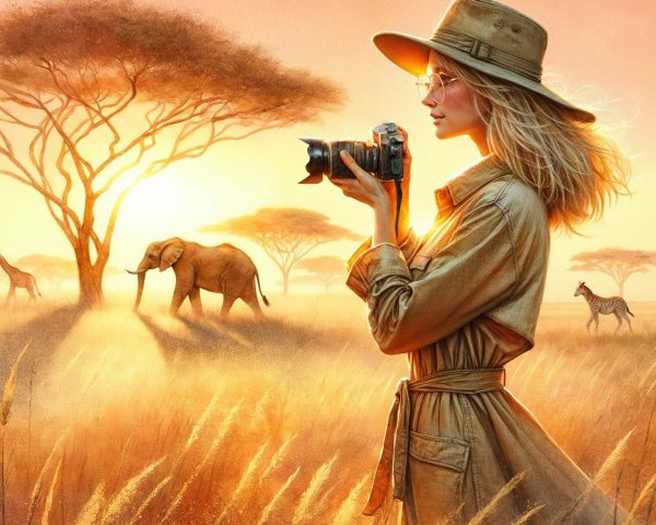 Young Woman in Savanna at Sunset with Wildlife