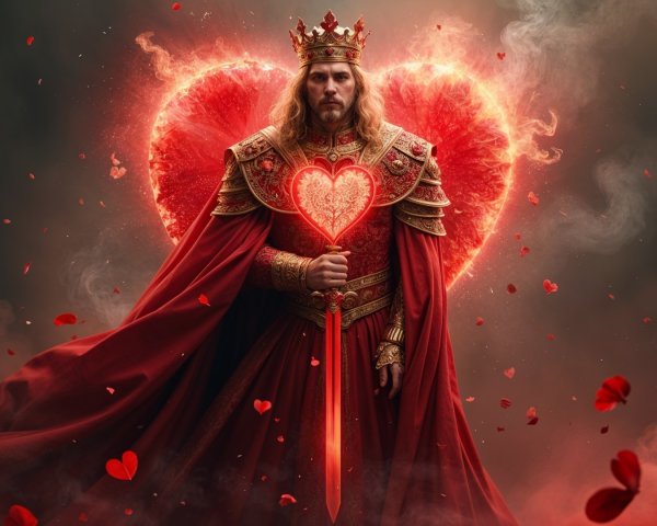 Majestic king in ornate armor with glowing heart