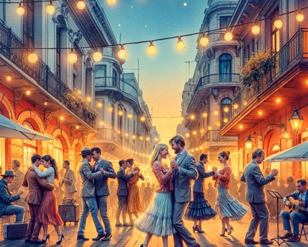 Lively Dusk Street Scene with Dancing and Music