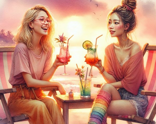 Young women enjoying cocktails at a beachside sunset