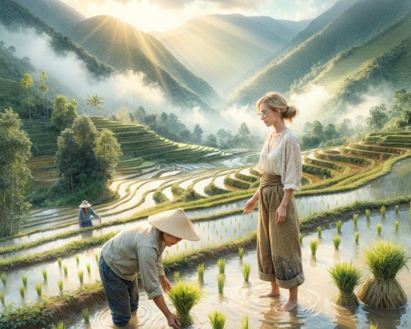Rice Planting in Terraced Fields with Mountain Backdrop