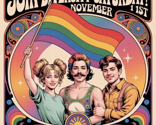 Retro Illustration of Diverse Individuals with Rainbow Flag