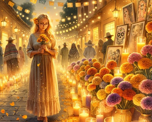 Candlelit Street Scene with Marigolds and Decorations