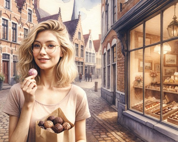 Young woman with chocolates on a cobblestone street