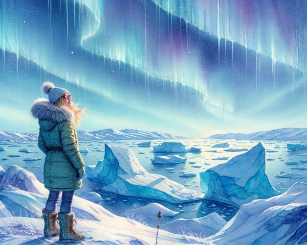 Young Woman in Winter Coat Under Aurora Borealis