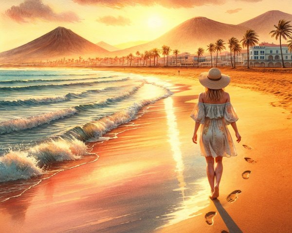 Woman Walking on Sunset Beach with Palm Trees and Mountains