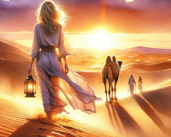 Sunset over Sand Dunes with Figures and Lantern