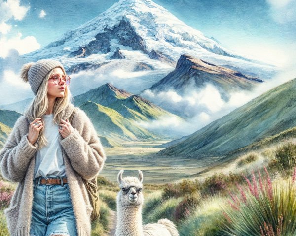 Young woman and llama in scenic mountain landscape