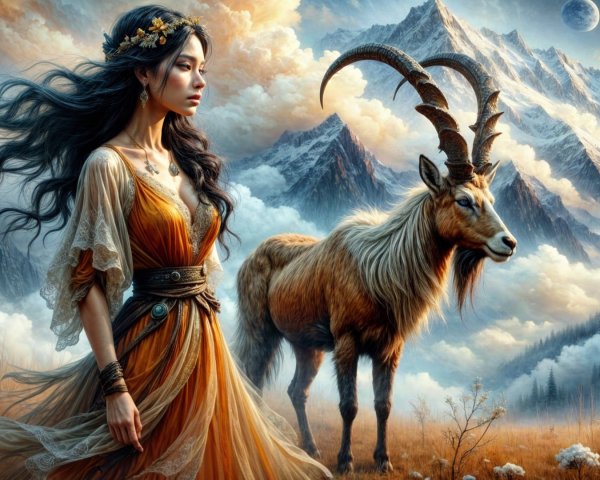 Serene Woman in Orange Dress with Goat in Mountains