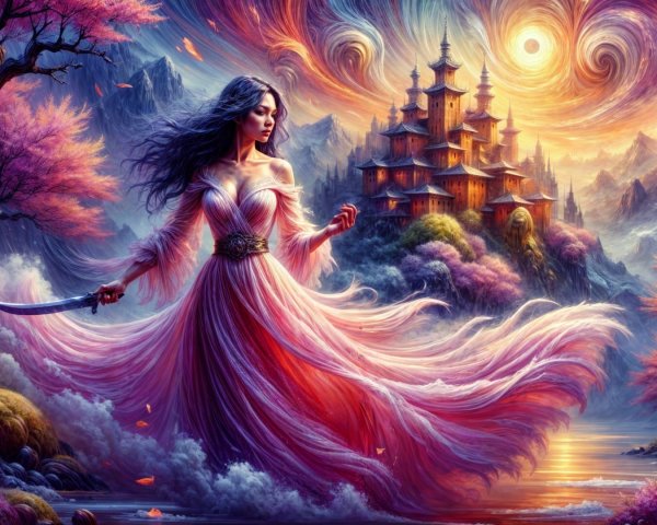 Mystical landscape with a woman in an ethereal gown