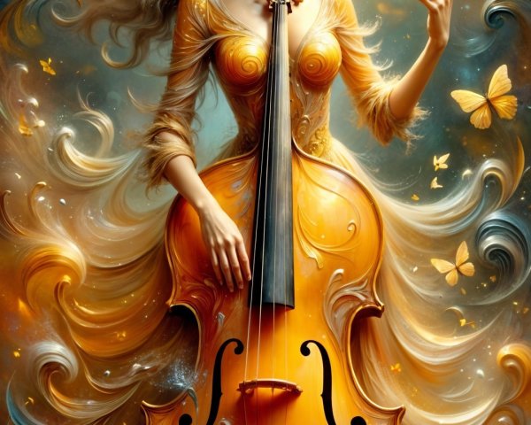 Ethereal Woman with Cello in Golden Dress and Butterflies