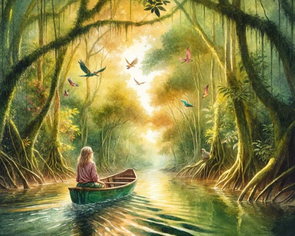 Young girl in green boat on serene jungle river