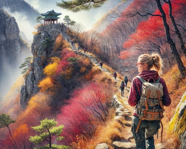 Mountain Trail with Autumn Foliage and Pagoda View