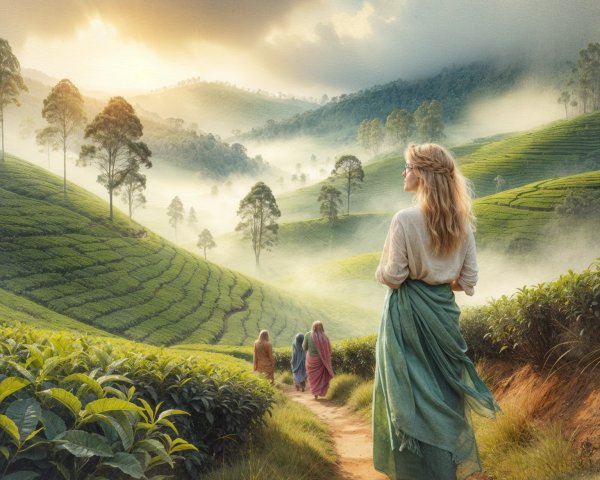 Serene Landscape of Tea Plantations at Dawn