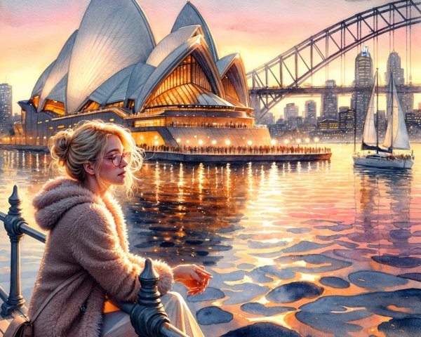 Serene Sunset Scene with Sydney Opera House and Bridge
