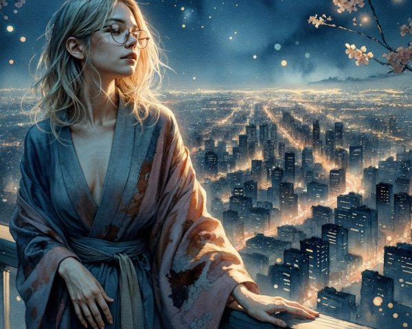 Young Woman in Kimono Overlooking City Lights