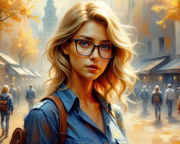 Young Woman in Autumn Street Scene with Trees