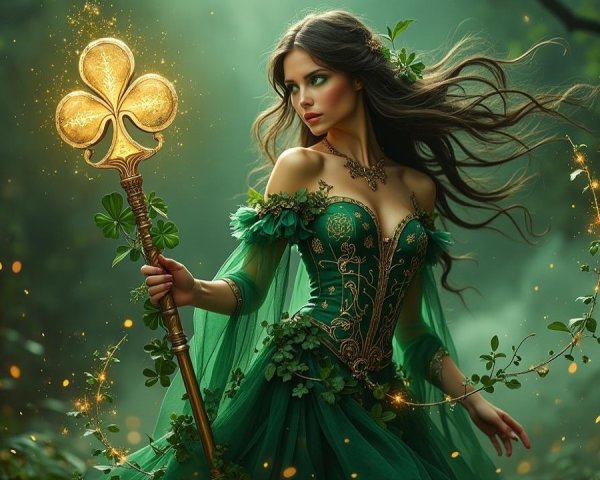 Mystical figure in enchanted forest with glowing staff