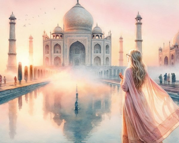 Woman by Reflection Pool at Taj Mahal at Dawn