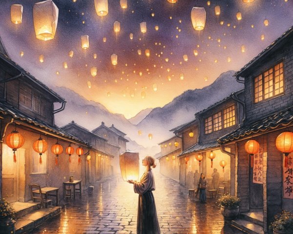 Evening Scene with Lanterns and Traditional Buildings