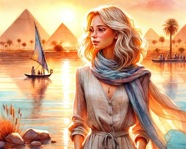 Sunset Over Pyramids with Woman and Sailboat Scene