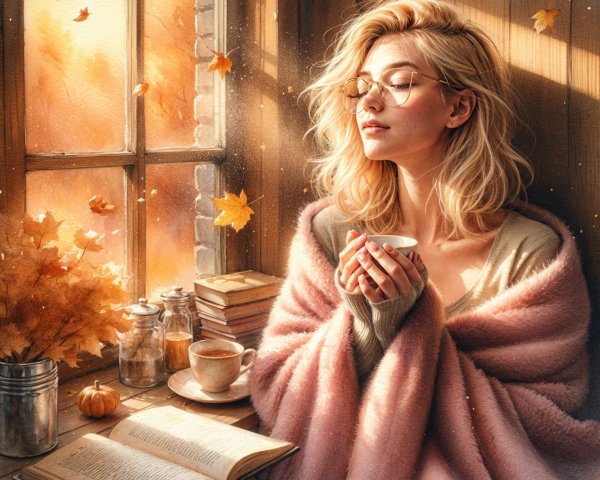 Cozy Autumn Scene with Woman, Blanket, and Books