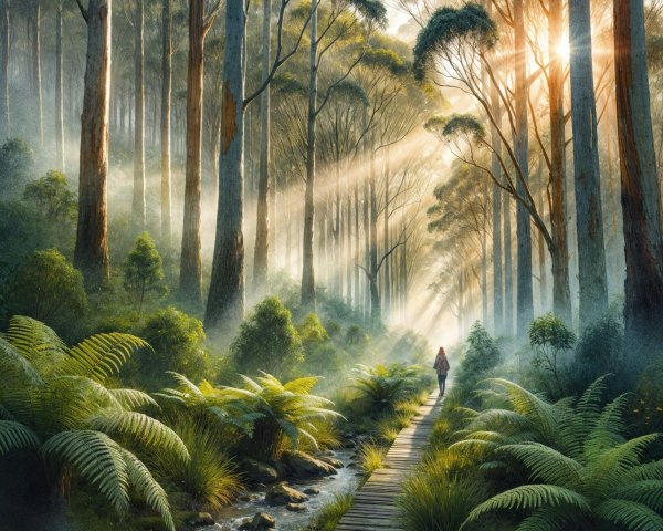 Serene Forest Scene with Towering Trees and Pathway