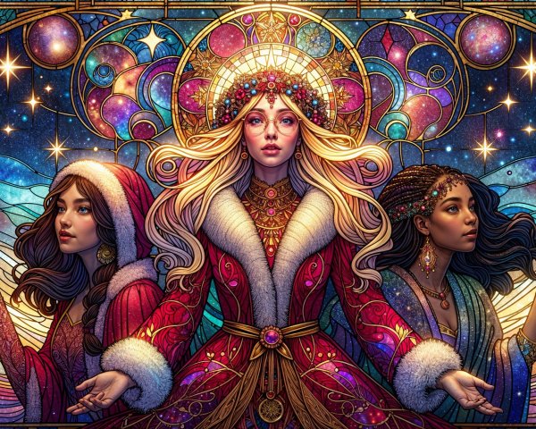 Three Women in Vibrant Attire Against Cosmic Backdrop