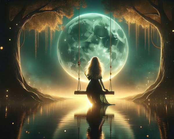 Young woman on swing under glowing green moonlight